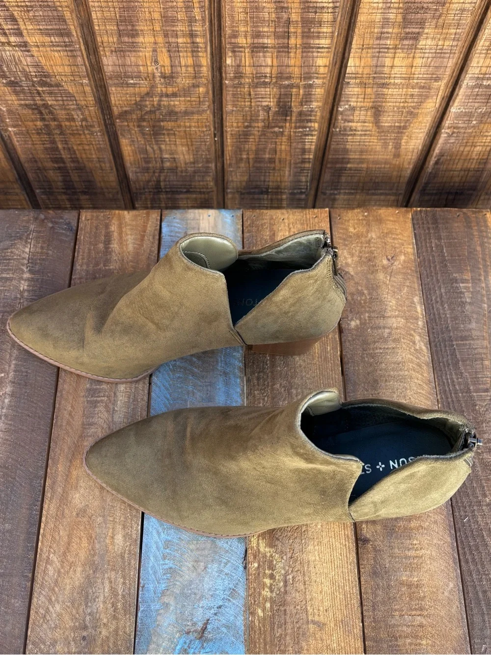 Sun + Stone Olive Green Suede Ankle Boots